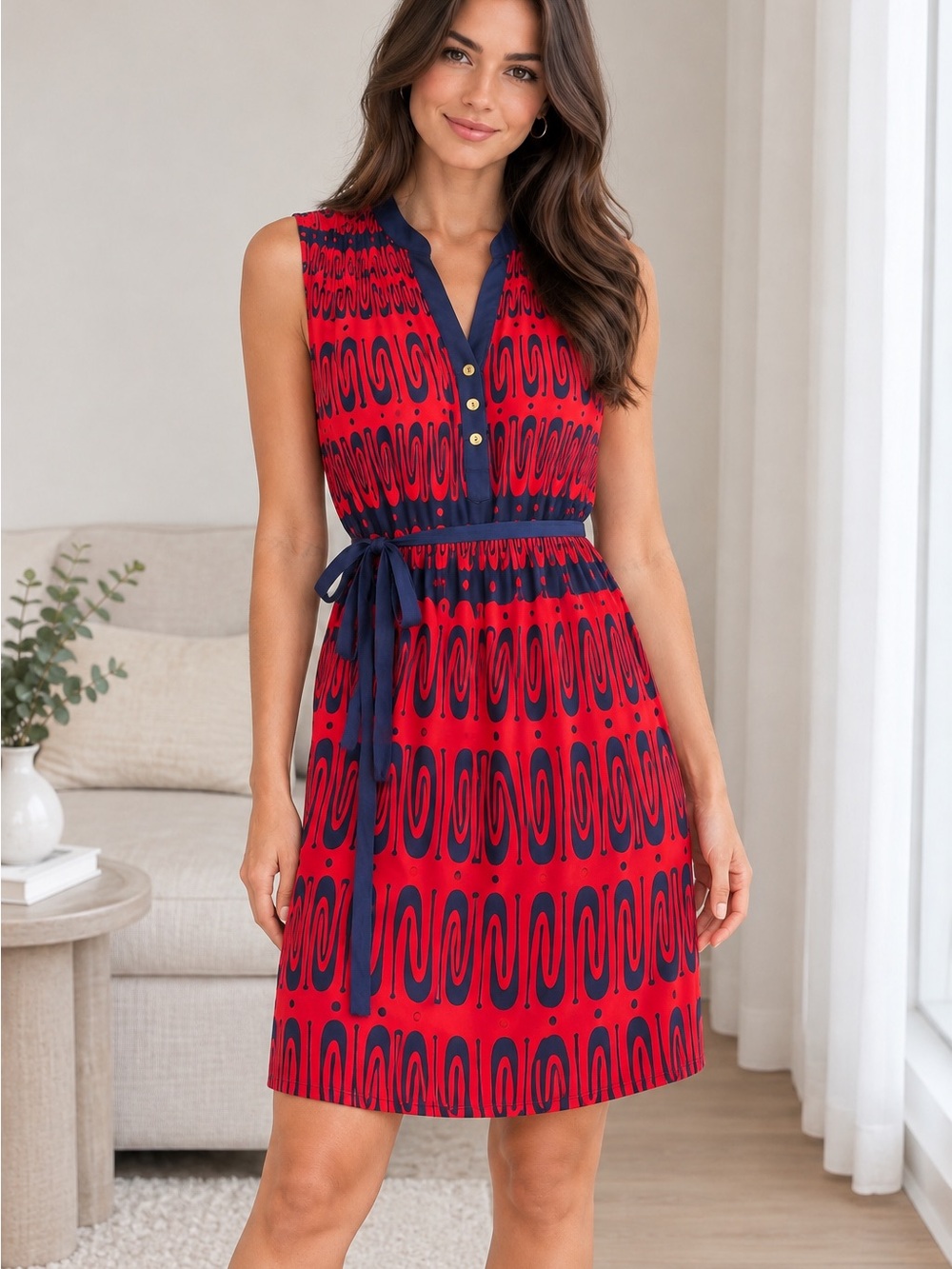 Britt Ryan Red & Blue Geometric Silk V-Neck Button Front Belted Dress L